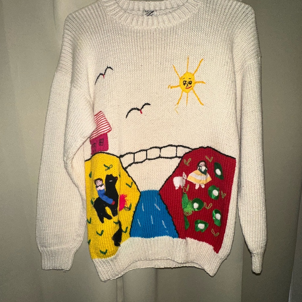 VTG knit Peruvian folk art swtr size small JULEXPORT Arpillera eclectic grandpa
